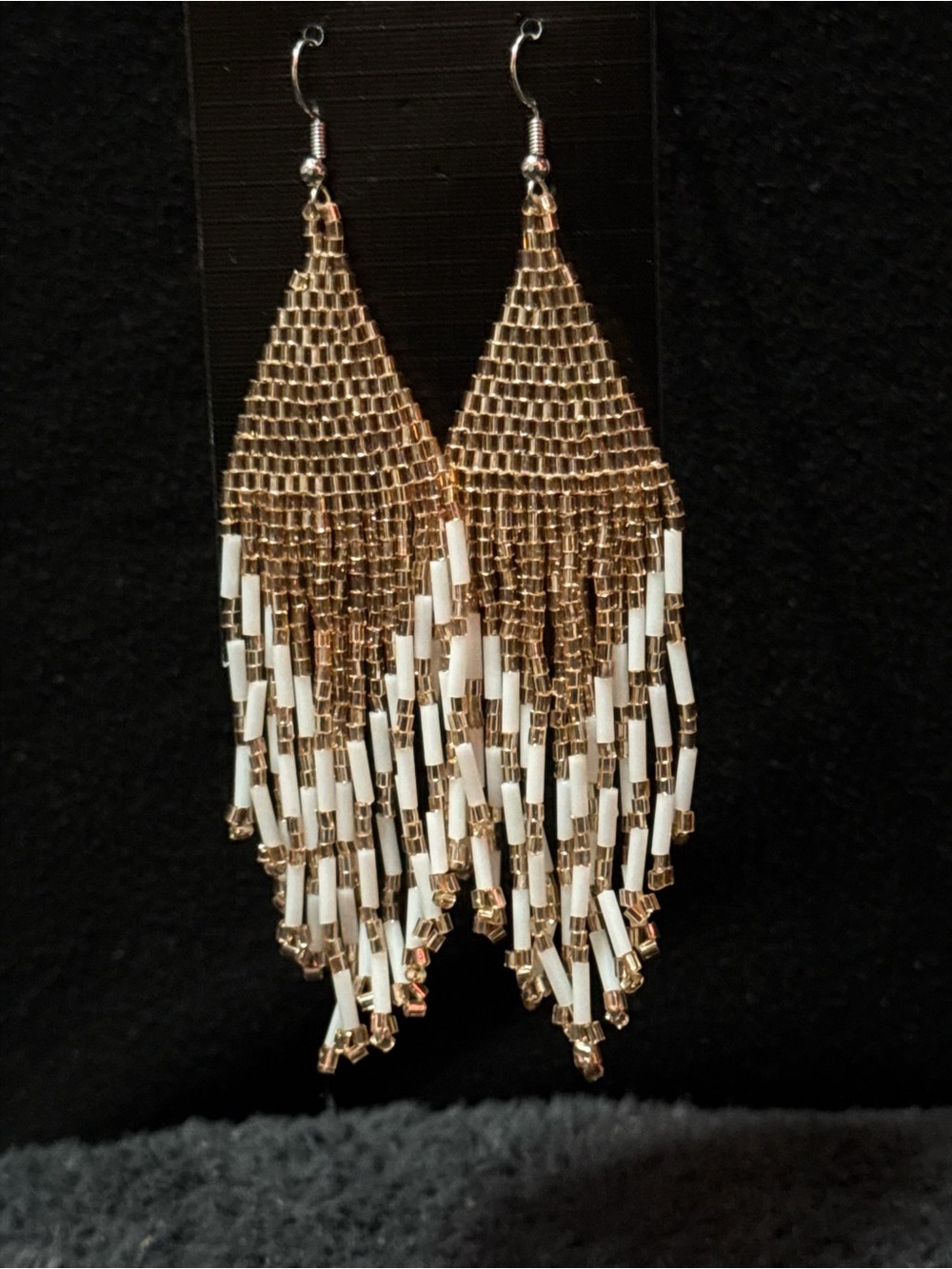 Gold and White Beaded Fringe Earrings